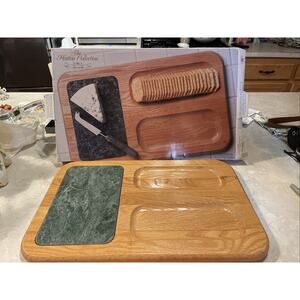 Vintage Cornwall Hostess Collection Serving Cheese Board Tray Wood Green Marble